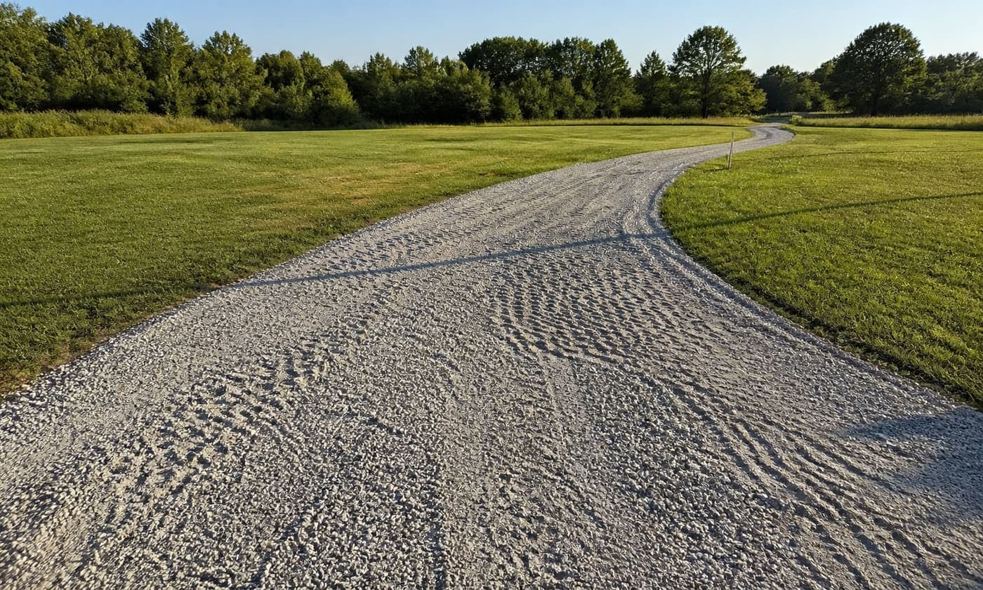 The same drive as a rutted dirt two-track and after being reshaped and topped with fresh limestone