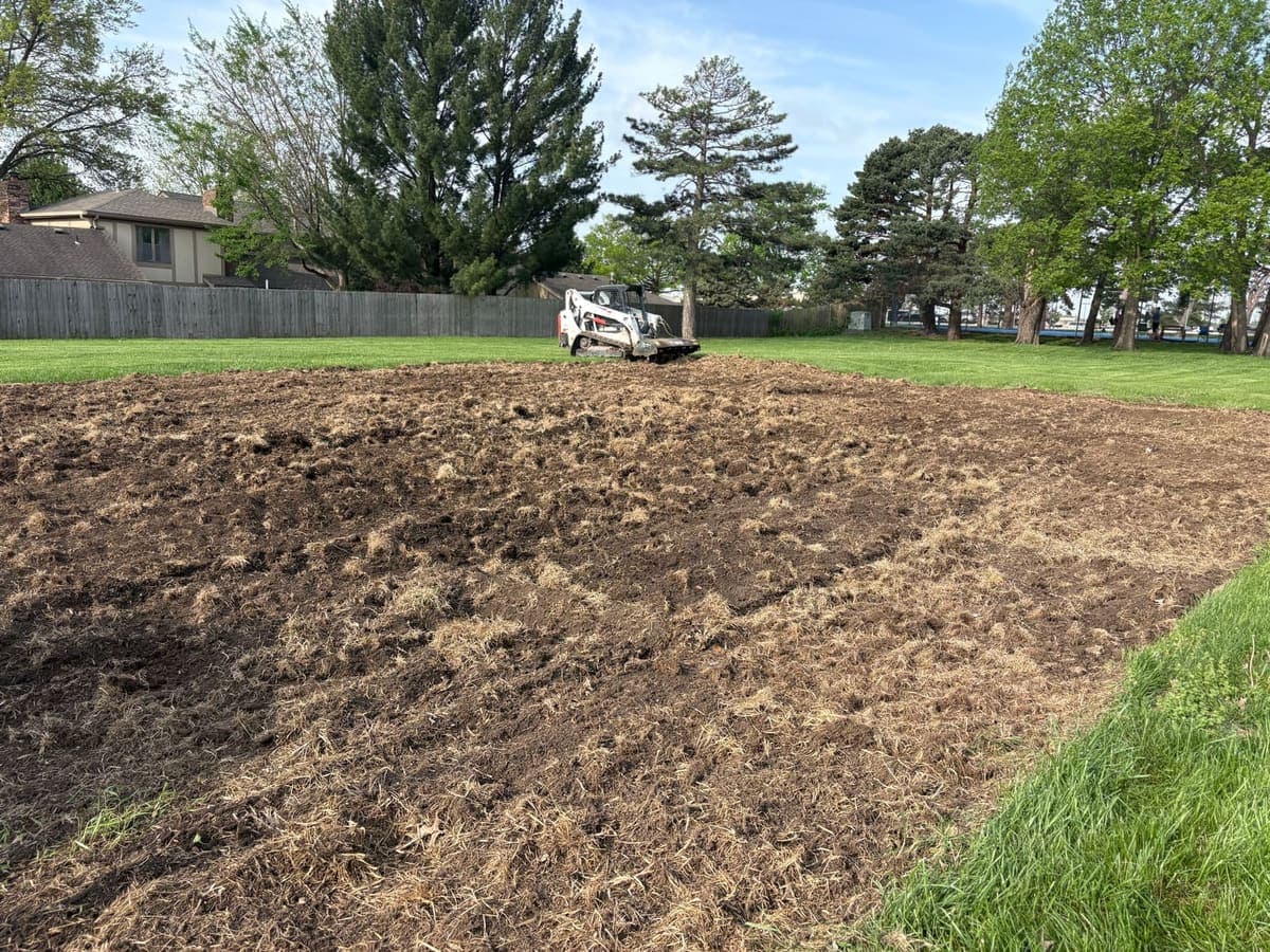 The same backyard lot chest-high in weeds, then stripped and turned to clean workable dirt